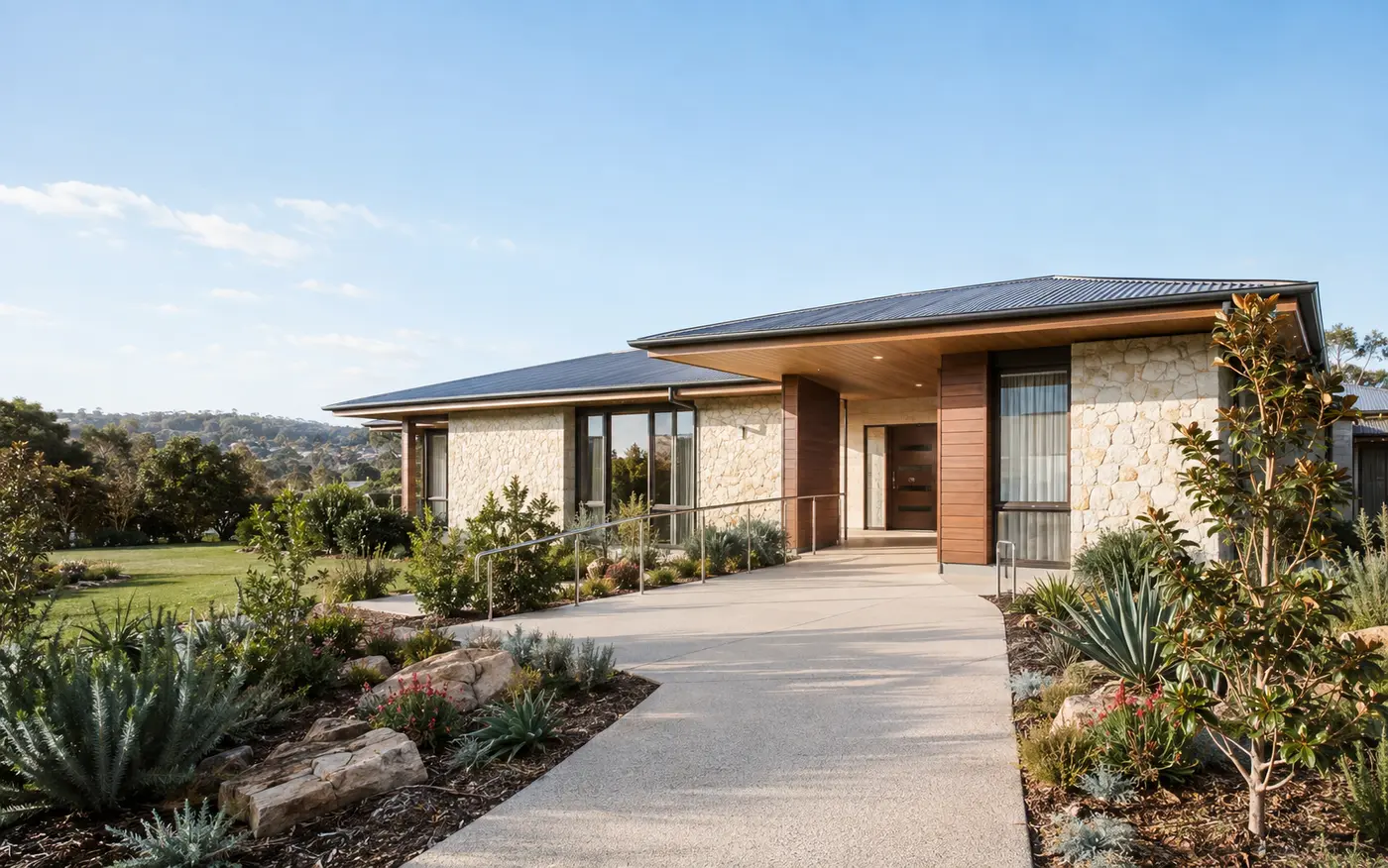 Illustrative accessible single-level SDA home design with step-free entry and wide pathway